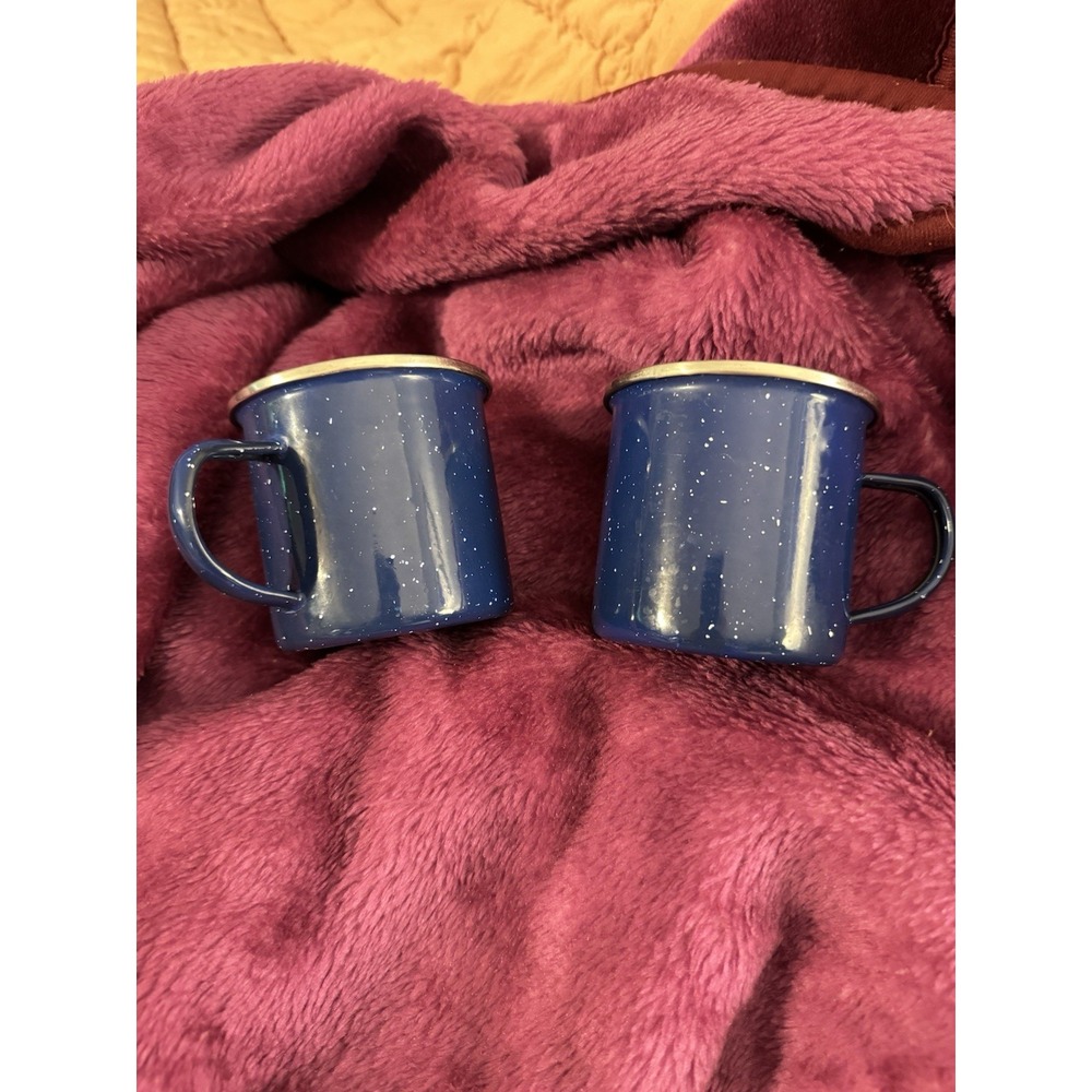 2 ENAMELWARE BLUE WHITE SPECK CUPS 12 OZ